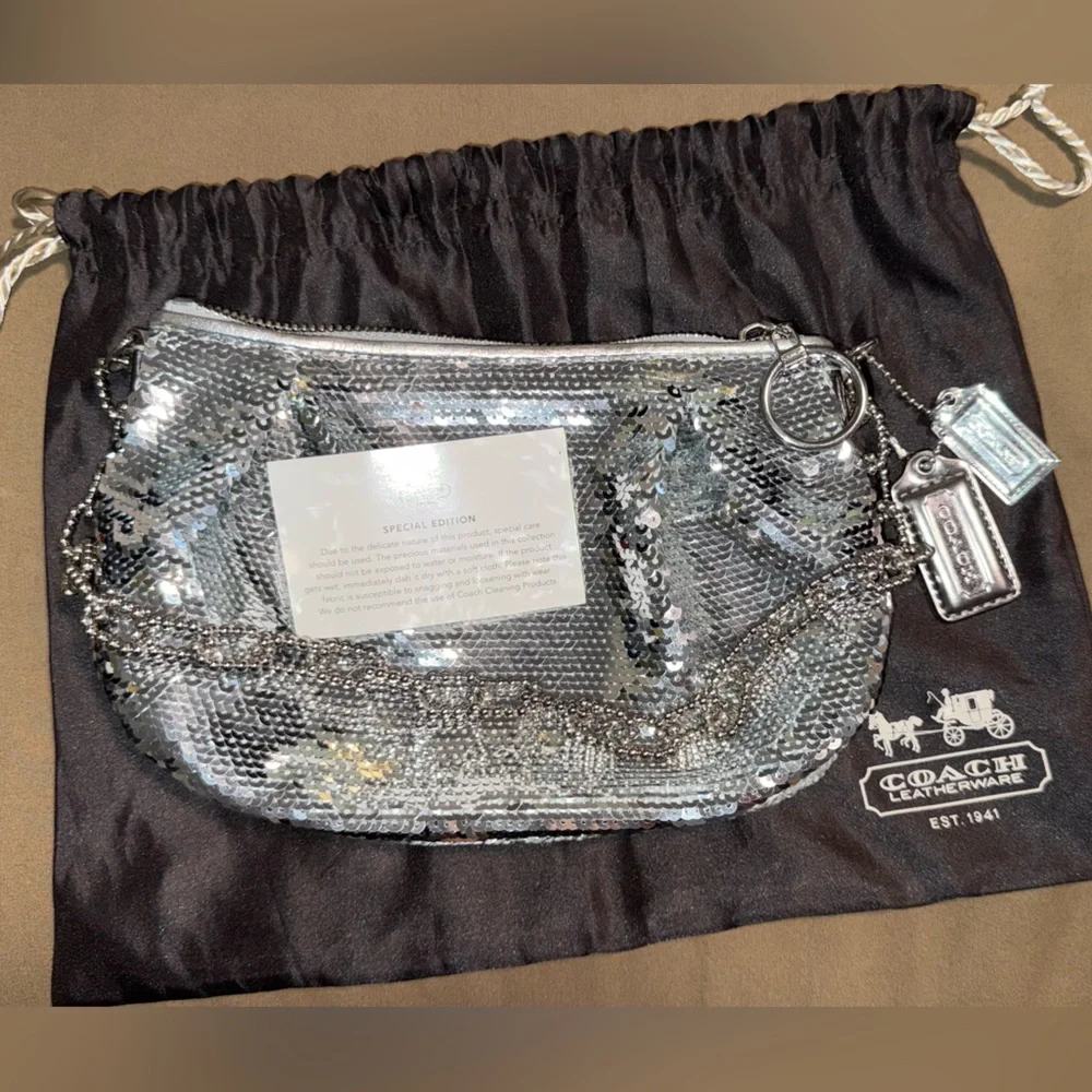 Coach Silver Sequin Chain bag with Charm Tags